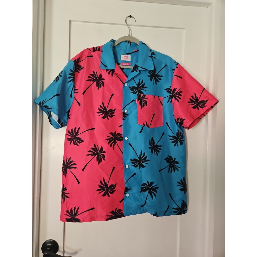 OppoSuits Relaxed Fit Large Pink Turquoise Split Palm Tree Tropical Party Shirt
